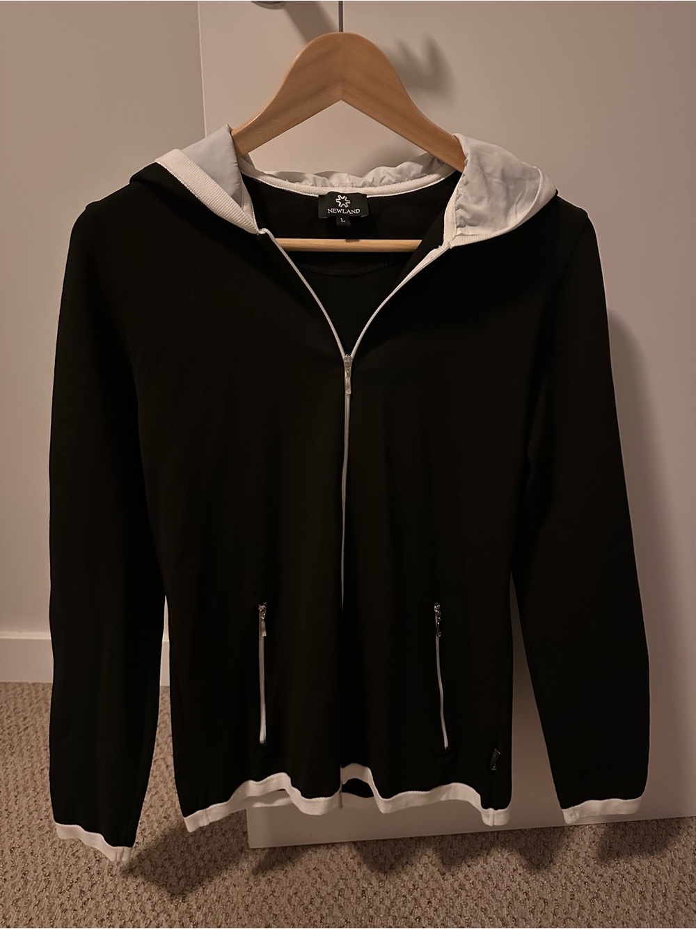 Women’s Newland Like New Made in Italy Black Hooded Zip Jacket with White Trim L